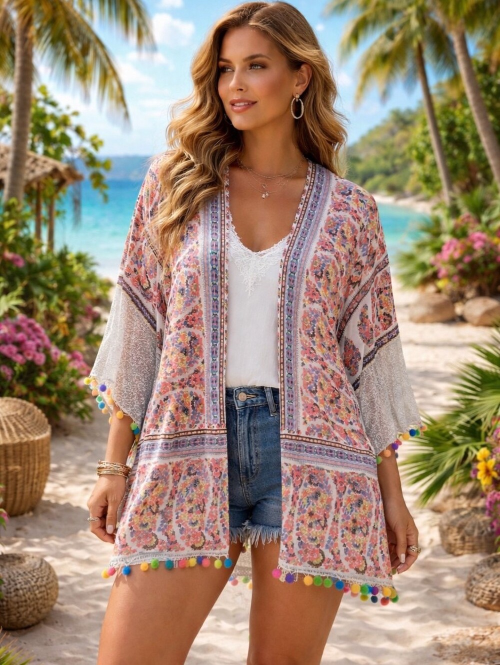 Swimsuit Coverup Kimono Top Boho Pom XL